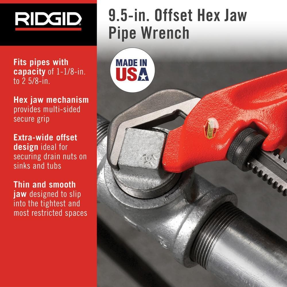 RIDGID 9-1/2 in. Offset Hex Jaw Pipe Wrench, Sturdy Plumbing Pipe Tool with Hex Jaw Mechanism for Extra Wide Opening (2)