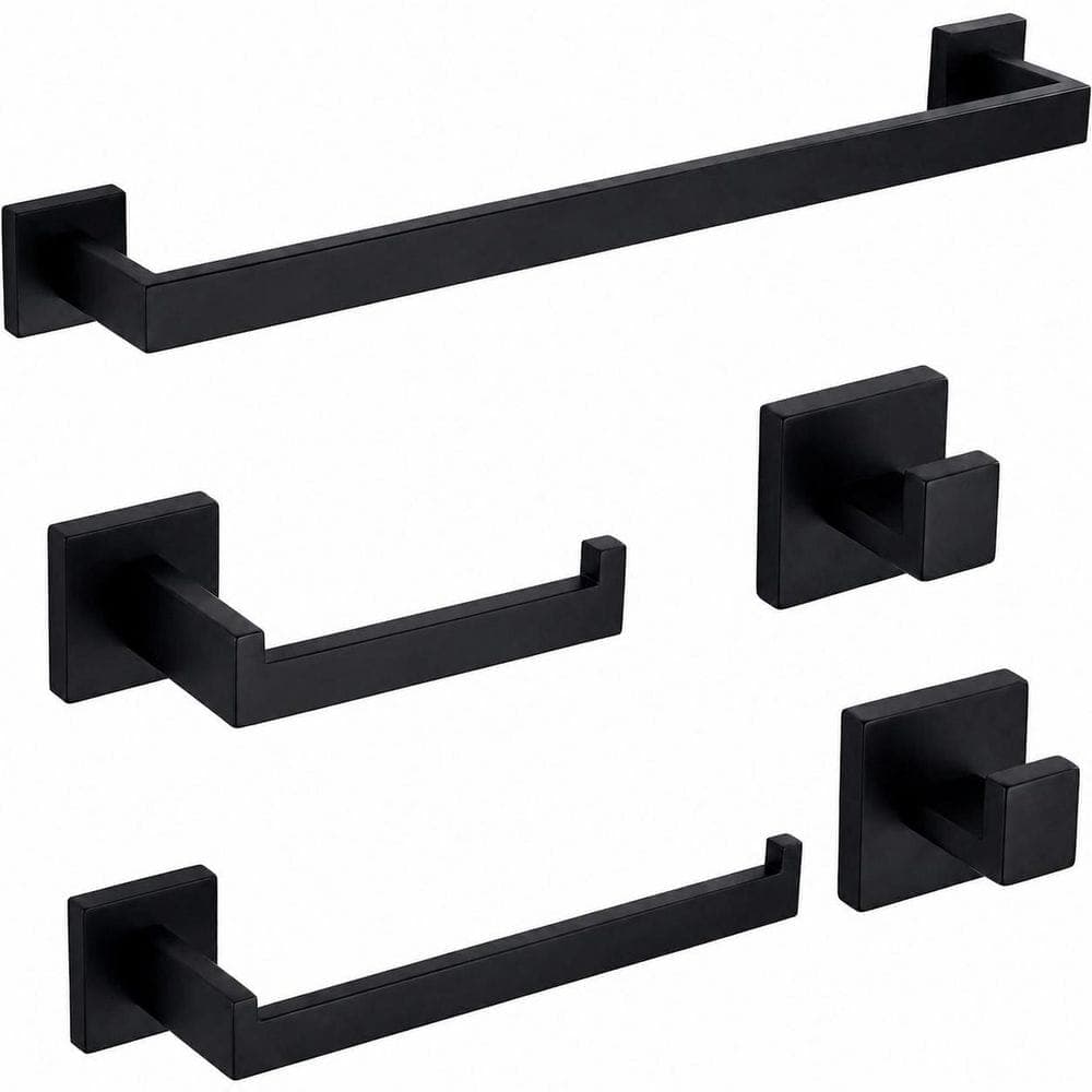 KHKFY Matte Black 5-Piece 16 in. SUS304 Stainless Steel Square Wall Mounted Bathroom Towel Bar Accessory Set in (1)