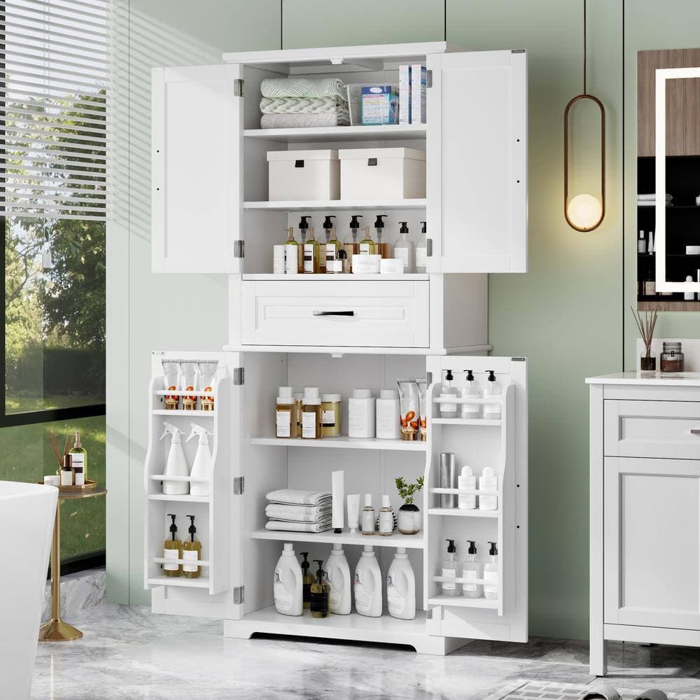 YSQCAR 30 in. W x 15.7 in. D x 72 in. H Freestanding White Linen Cabinet with Slide Rails and Adjustable Shelf (2)