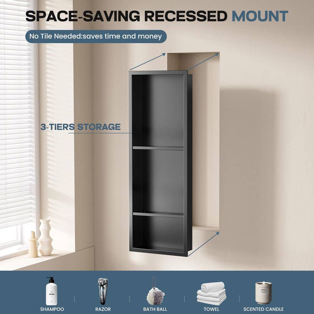 Yuaris 12 in. W x 30 in. H x 4 in. D Waterproof Recessed Shower Niche with Double Shelves in Matte Black, No Tile Needed (2)