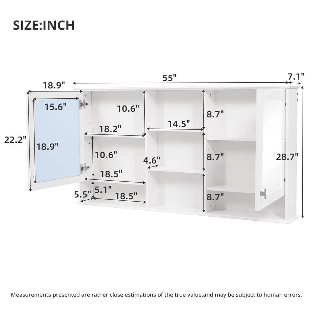 Virubi White 55 in. W x 28.7 in. H Rectangular Wood Medicine Cabinet with Mirror, Adjustable Shelves, Soft-Closing Hinges (3)