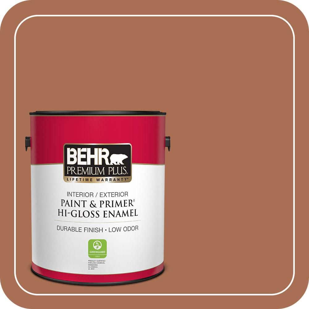 BEHR PREMIUM PLUS 1 gal. #MQ1-28 Orange Flambe Hi-Gloss Enamel Interior/Exterior Paint & Primer
