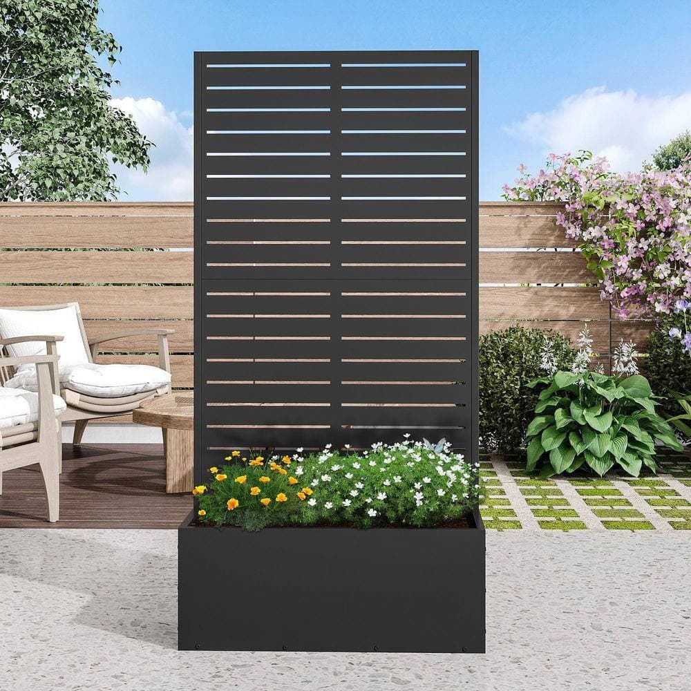 Lirago 59 in. H x 30 in. W Rectanglar Black Outdoor Metal Privacy Screen Planter Box Wall Decor in Louvered Pattern (2)