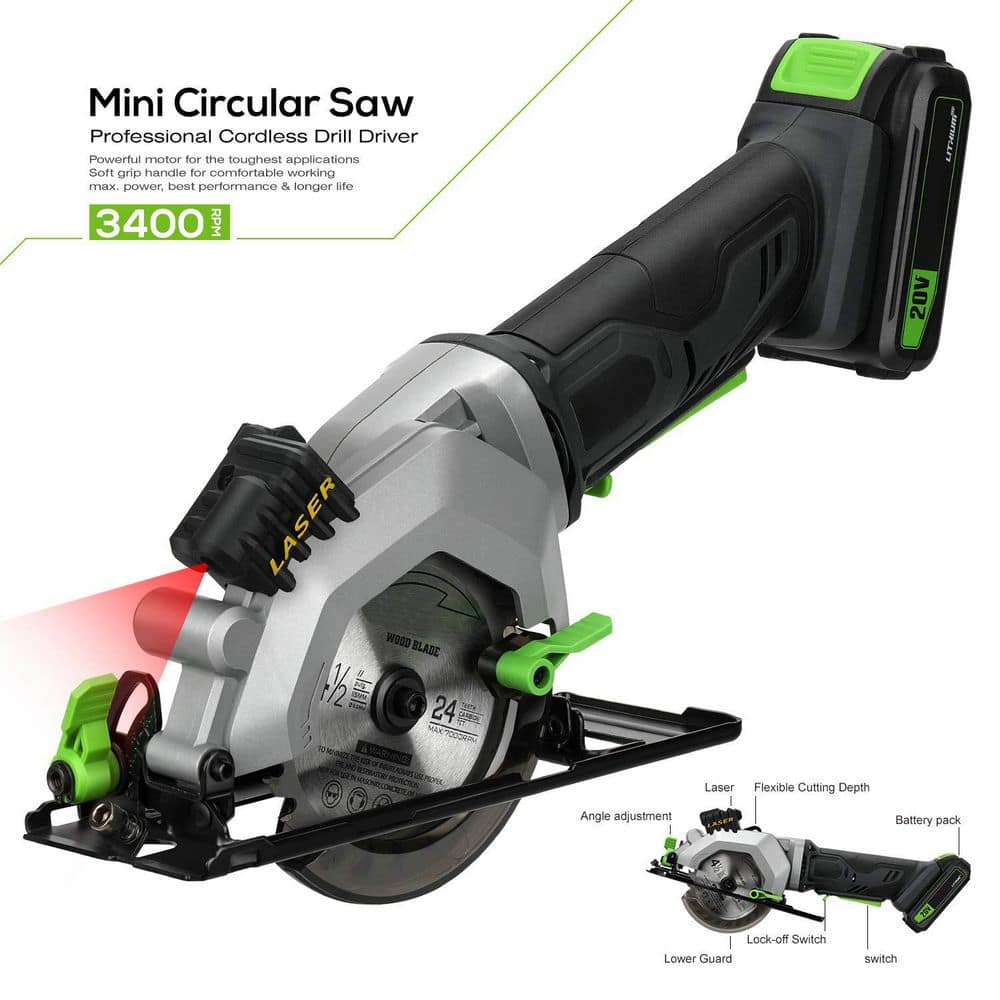 Unbranded 4-1/2 Cordless Mini Circular Saw with Laser Guide and 2 Blades 3400RPM Max Cutting Depth 1-11/16 1-1/8 (2)