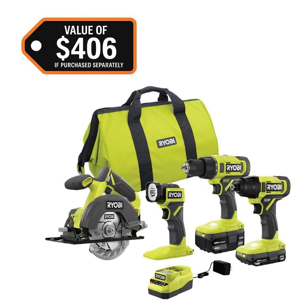 RYOBI ONE+ 18V Cordless 4-Tool Combo Kit with Compact Battery, 4.0 Ah Battery, and Charger