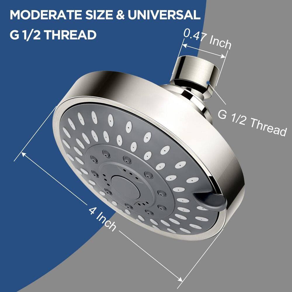 Wudkey High Flow High Pressure 1-Piece Fixed Shower Head with 5 Spray Modes & 66 Nozzles in Brushed Nickel (2)