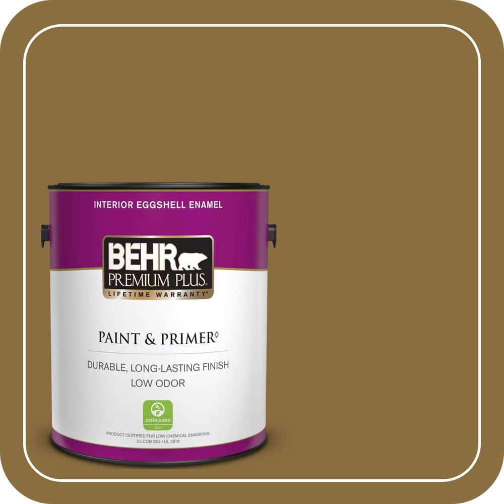 BEHR PREMIUM PLUS 1 Gal. #S310-7A Vintage Brass Eggshell Enamel Low Odor Interior Paint and Primer