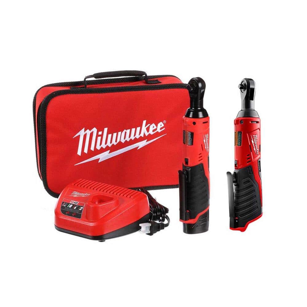 Milwaukee M12 12V Lithium-Ion Cordless 3/8 in. and 1/4 in. Ratchet Kit (2-Tool) with Battery, Charger and Bag