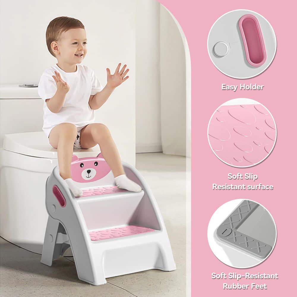 Laybus Reach 0.8 ft. Step Stool for Bathroom Sink and Potty Training Durable Anti-Slip, Pink 2-Step Potty Stool with Wide Steps (3)