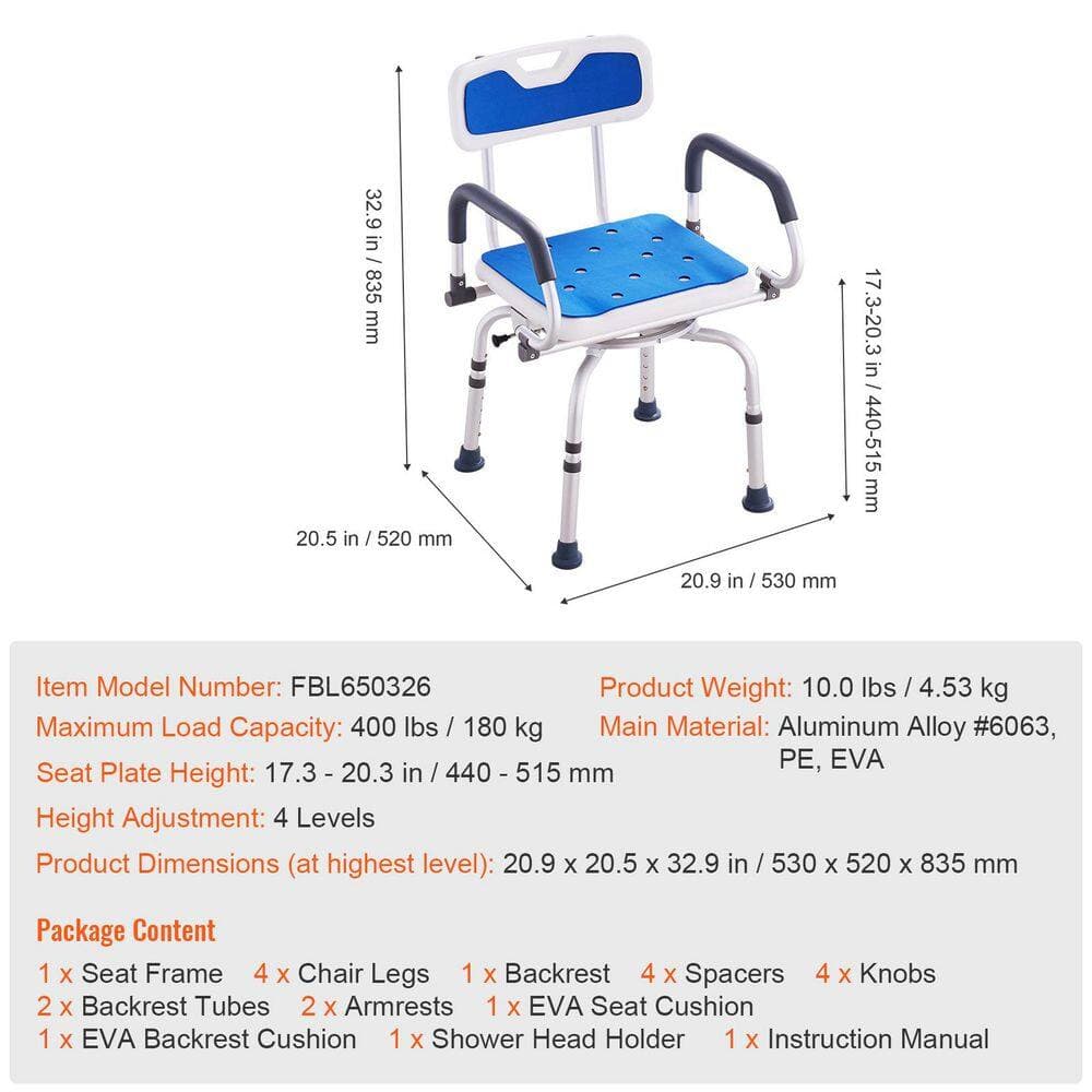 Unbranded Modern 20.9in. W Freestanding 360° Swivel Pivoting Arm+Backrest 400lbs. Shower Chair, Aluminium Alloy Bath Seat in White (2)