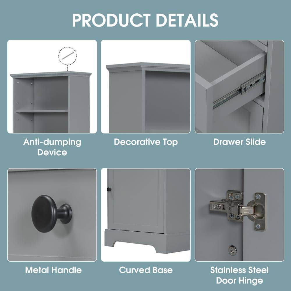 Unbranded 22 in. W x 10.03 in. D x 67.3 in. H Gray Linen Cabinet with 3 Drawers and Adjustable Shelves (3)