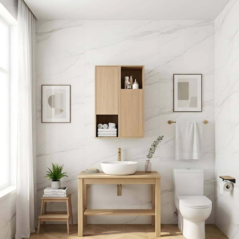 Zuvandra 23.62"W x 9.81"D x 35.44"H Plywood Bathroom Wall Cabinet Set with Doors,Built-in Shelves,and Open Shelves,Oak (1)