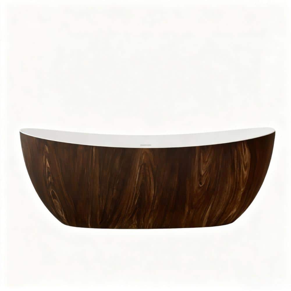 POCCI&VANCCI 67 in. Solid Surface Flatbottom Freestanding Bathtub in White with Rustic Wood Grain Exterior