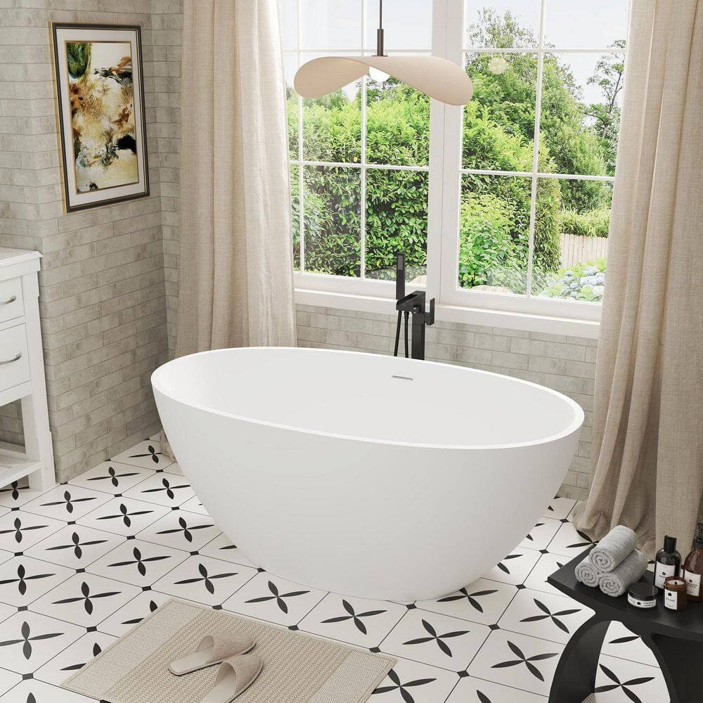 VANITYFUS 55 in. x 30.7 in. Solid Surface Freestanding Soaking Bathtub with Center Drain in Matte White (2)