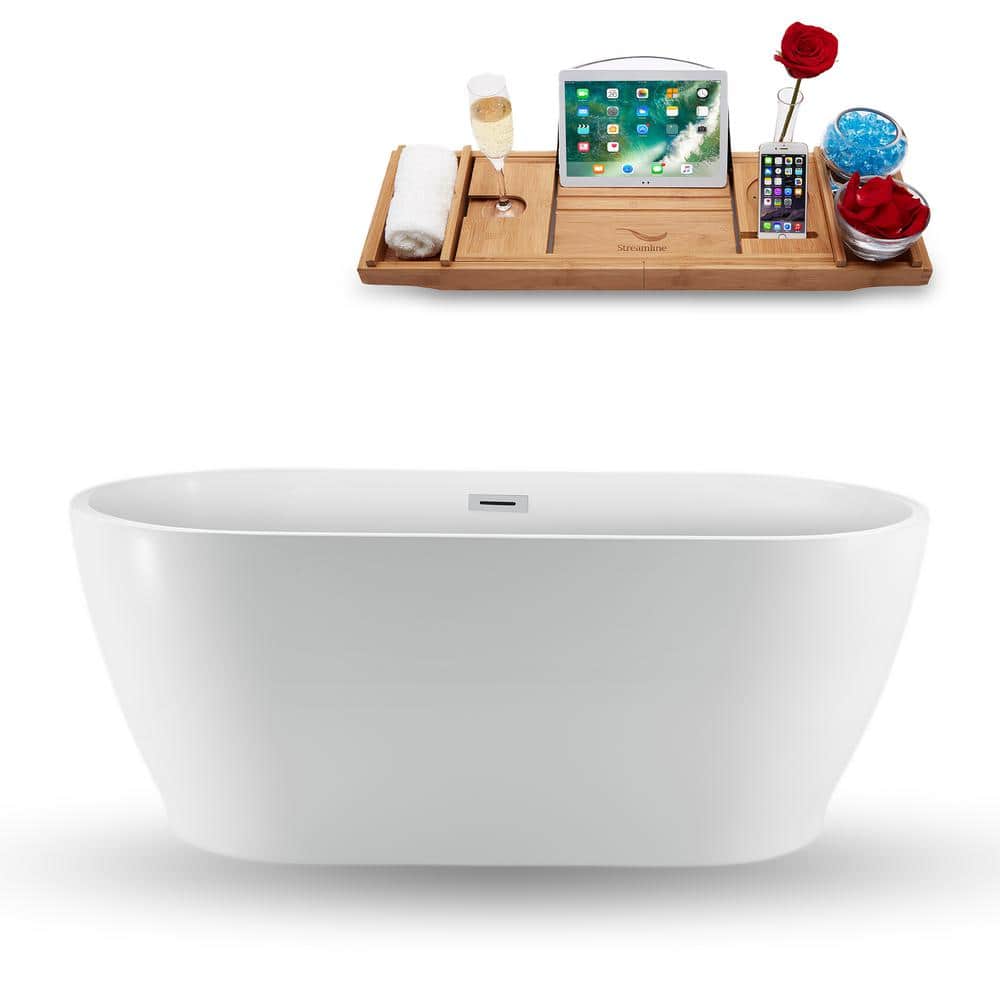 Streamline 59 in. Acrylic Flatbottom Non-Whirlpool Bathtub Glossy White with Matte Black Drain and Overflow Cover