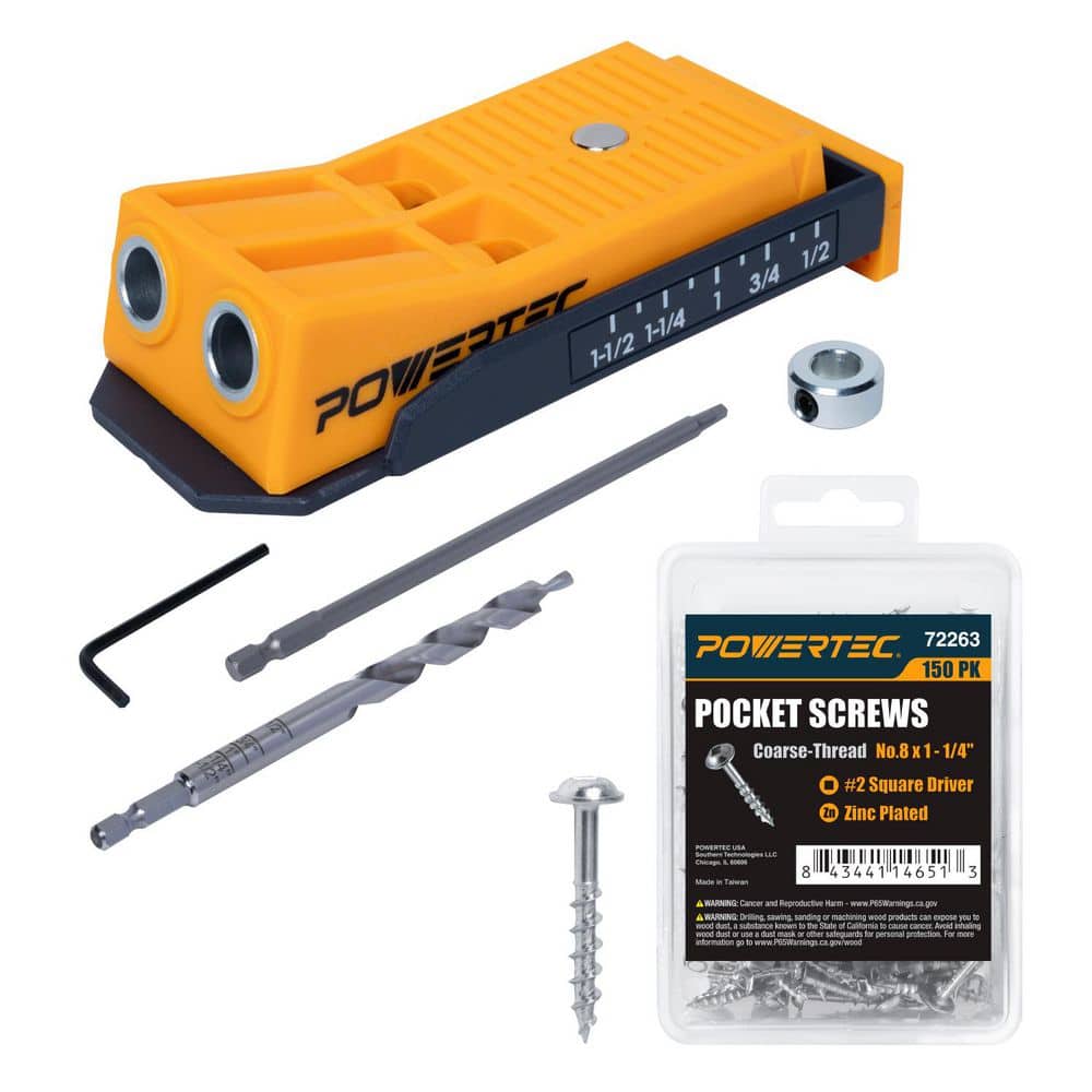 ‎POWERTEC Twin Pocket Hole Jig Kit with Drill Bit, Driver Bit, Hex Key, Stop Collar & 150 PK Pocket Hole Screws, 1-1/4 in. Coarse (1)