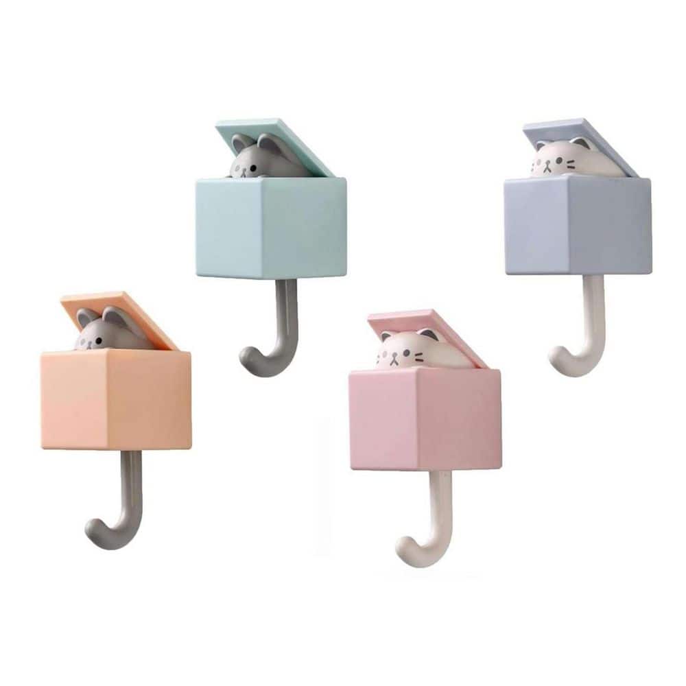 Wudkey 4-Piece Creative Adhesive Utility Heavy Duty Cute Pet Cat Wall Robe/Towel Hook for Wall and Door Decoration