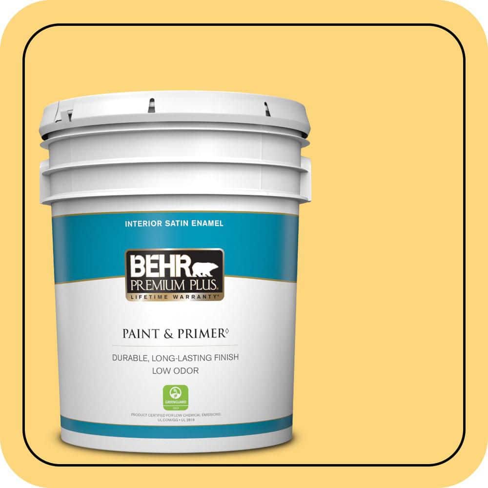 BEHR PREMIUM PLUS 5 gal. #T17-20 Lemon Burst Satin Enamel Low Odor Interior Paint & Primer