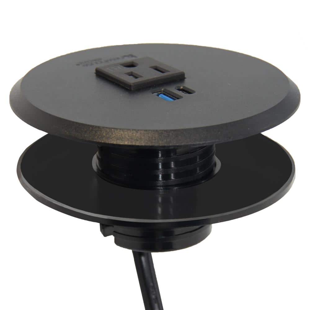 NEWHOUSE ELECTRIC 2-4 in. Universal Desk Grommet with Tamper Resistant Electrical Outlet, USB Ports, and 6.5 ft. Cable