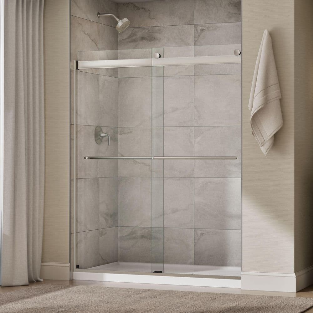 KOHLER Claro 57-60 in. W x 74 in. H Frameless Sliding Shower Door in Brushed Nickel with 1/4 in. Thick Clear Tempered Glass (3)