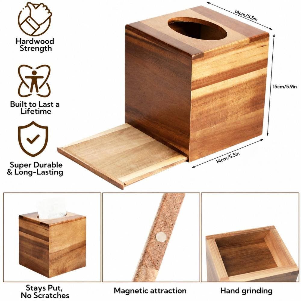 Unbranded 2 Pack Acacia Wood Tissue Box Covers, Square, For Tabletop, Modern Farmhouse Retro Finish, Natural Tone (3)