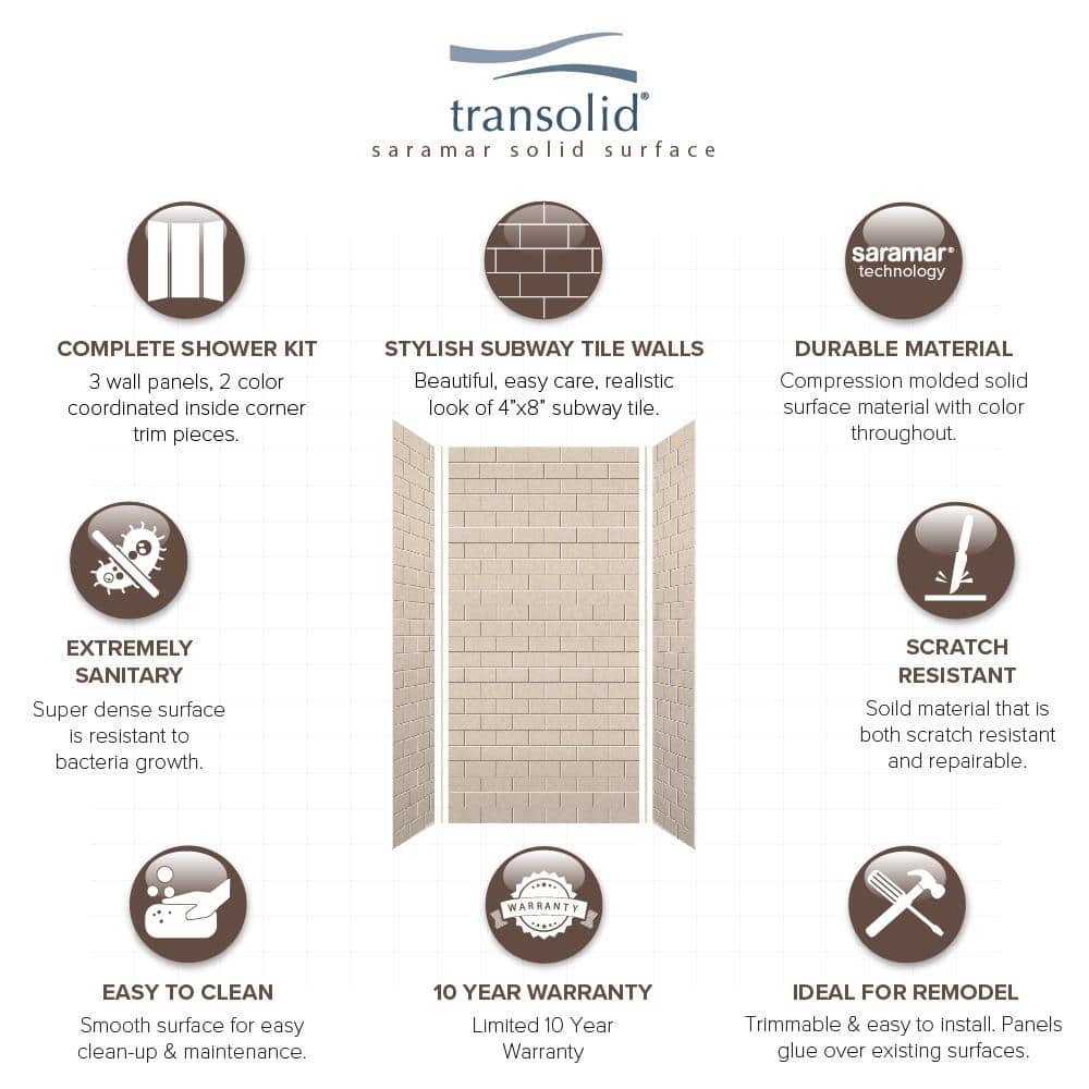 Transolid SaraMar 36 in. x 48 in. x 96 in. 3-Piece Easy Up Adhesive Alcove Shower Wall Surround in Cashew (3)