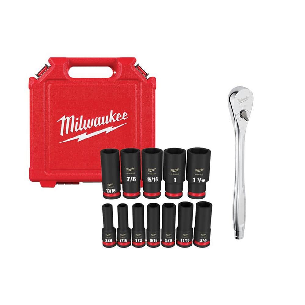 Milwaukee 1/2 in. Drive Ratchet and SHOCKWAVE 1/2 in. Drive SAE Deep Well Impact Socket Set (13-Piece) (1)
