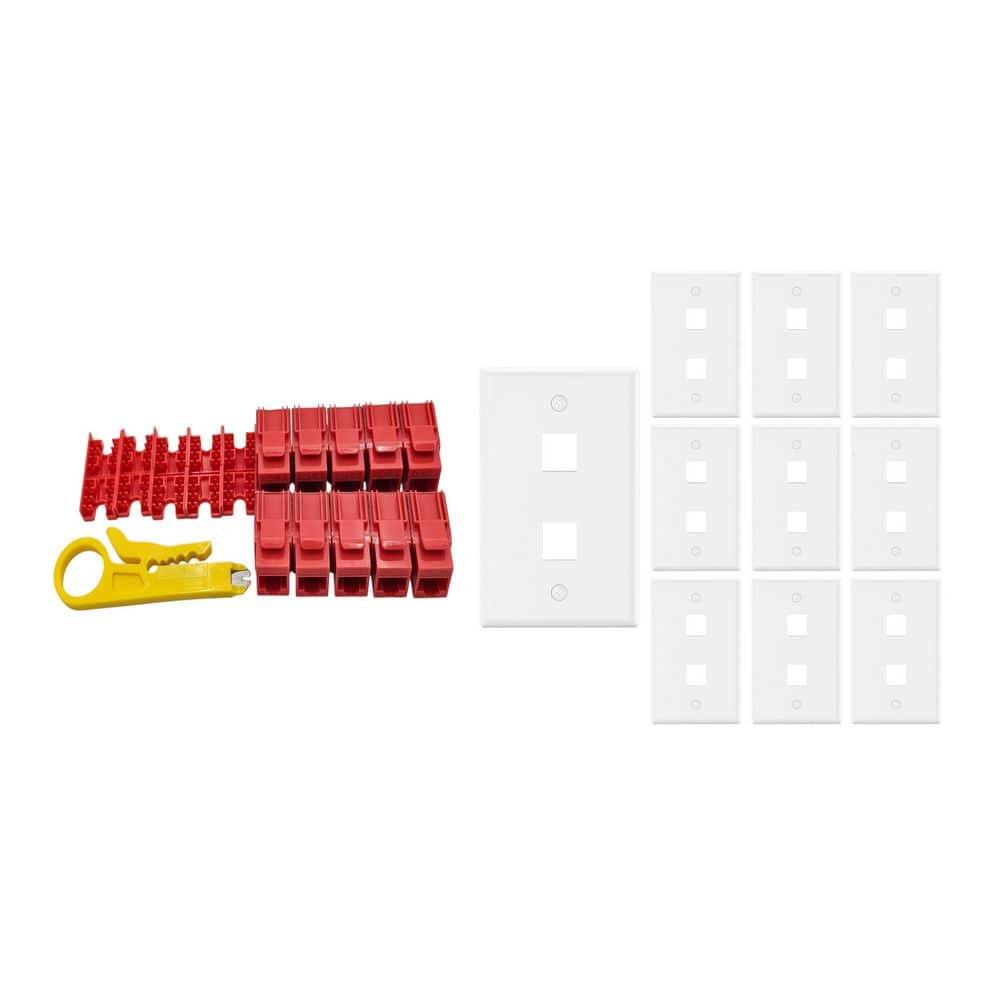 Micro Connectors, Inc 10-Pack 1-Gang White Keystone Plastic Wall Plates 2-Port and 10 Cat 6 RJ45 Keystone Jacks Red (1)