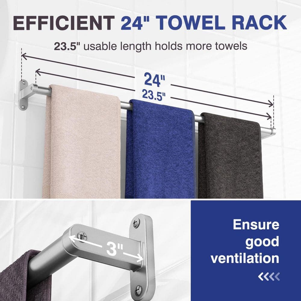 Anqtovp Single 24 in. Towel Rack Wall Mounted Bath Accessory in Brushed Nickel, Rustproof Aluminum, Space-Saving (3)