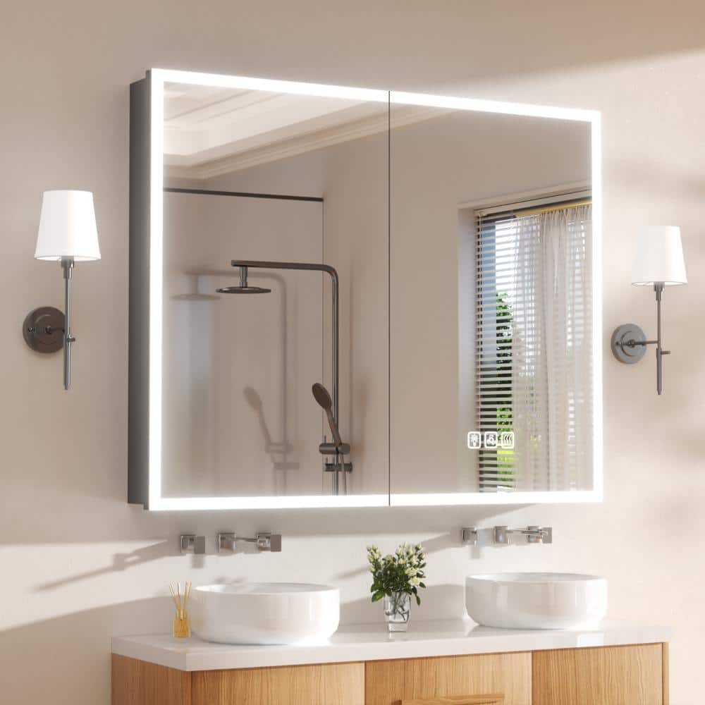 FAMYYT 40 in. W x 32 in. H Rectangular Aluminum LED Dynamic Flow Lighting Surface/Recessed Medicine Cabinet with Mirror