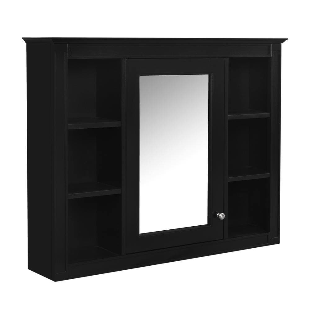 cadeninc 35.03 in. W x 7.32 in. D x 27.5 in. H Wall Mounted Bathroom Storage Cabinet in Black with Mirror and 6 Open Shelves (3)