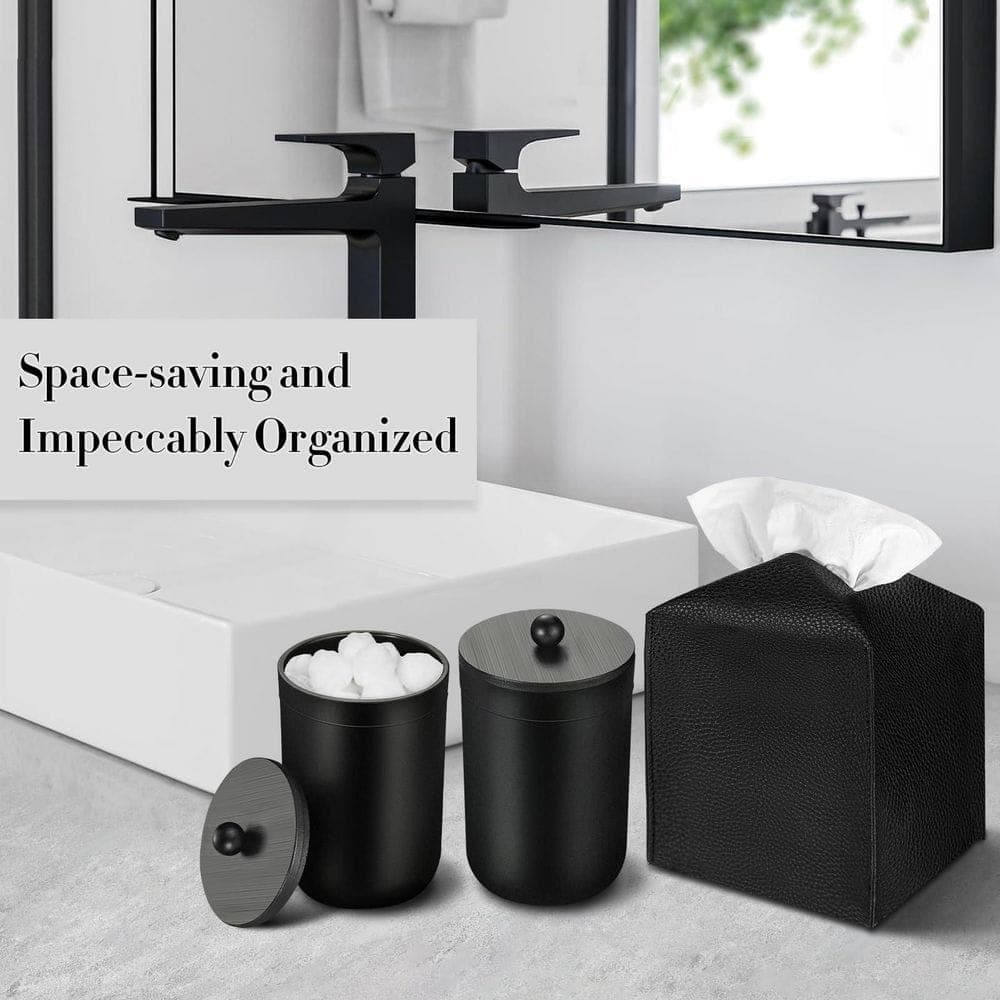 Wudkey Bath Accessories Set, 10-Piece Bathroom Accessories with Can, Dispenser, Holder, Dish, Jar, Brush and Box, Black (3)