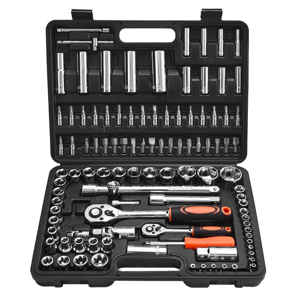 VEVOR Socket Set, 108 Pieces, 1/4 and 1/2 in. Drive Socket and Ratchet Set, Metric Size from 4 to 32 mm, Mechanic Tool Kit (1)