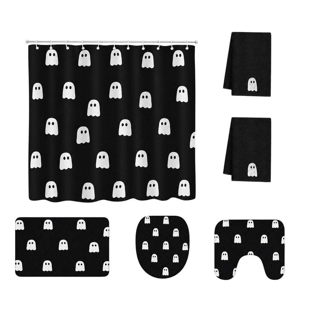Wudkey 6-Piece 72 in. W x 72 in. L Polyester Halloween Ghost Shower Curtain Set in Black White with Rugs, Bath Mat, Hooks (1)