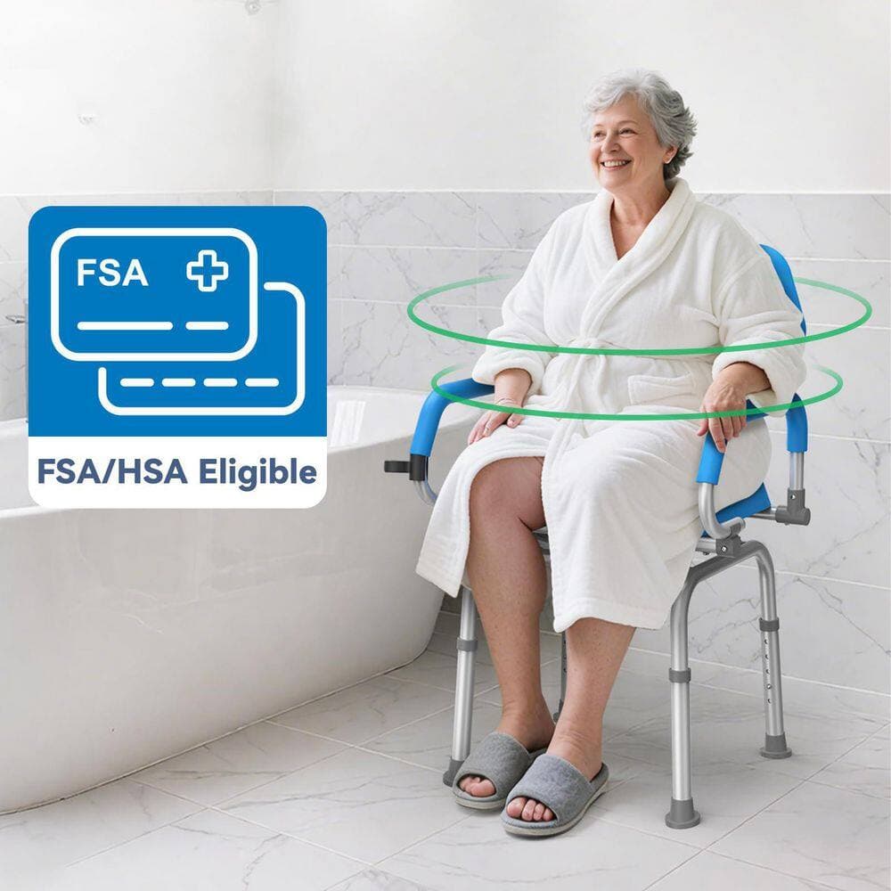 Anqtovp 18in W Freestanding Swivel Shower Chair with Arms and Back, Padded Shower Bench for Elderly and Disabled, 400 lbs, Blue (3)