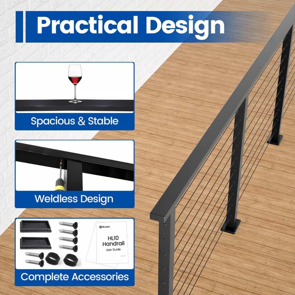 Afoxsos 2.48 in. Aluminum Black Rectangular Cable Railing Handrail for Indoor Outdoor Deck Stair System 4 Pack Adjustable Length (3)