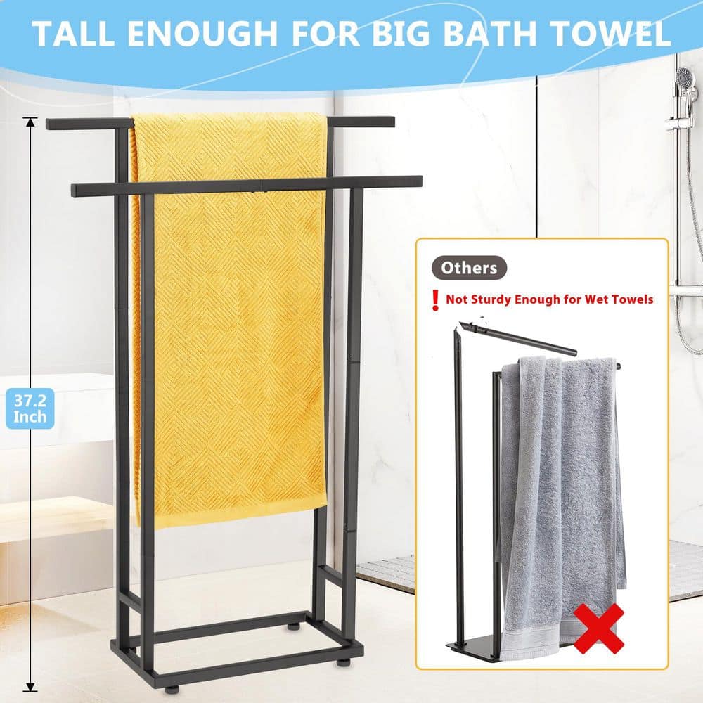 Anqtovp 2 Tier Bathroom Floor Standing Towel Rack in Black for Oversized Bath Towels and Outdoor Blanket Storage (3)