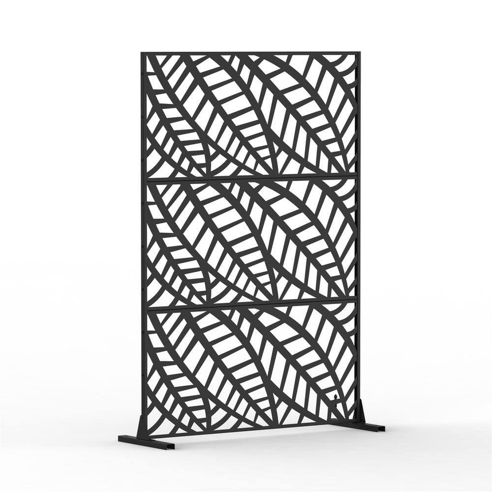 Unbranded Leaf-Shaped 48.31 in. W x 70.75 in. H Outdoor Indoor Black Freestanding Metal Privacy Screen 3 Panels for Balcony