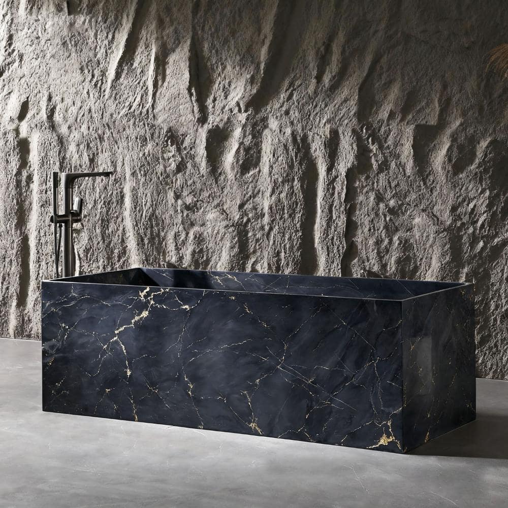 GIVING TREE 67 in. Stone Resin Bathtub Solid Surface Freestanding Tub Sculptural Rectangular Design Dark Blue Natural Veining Stone (3)