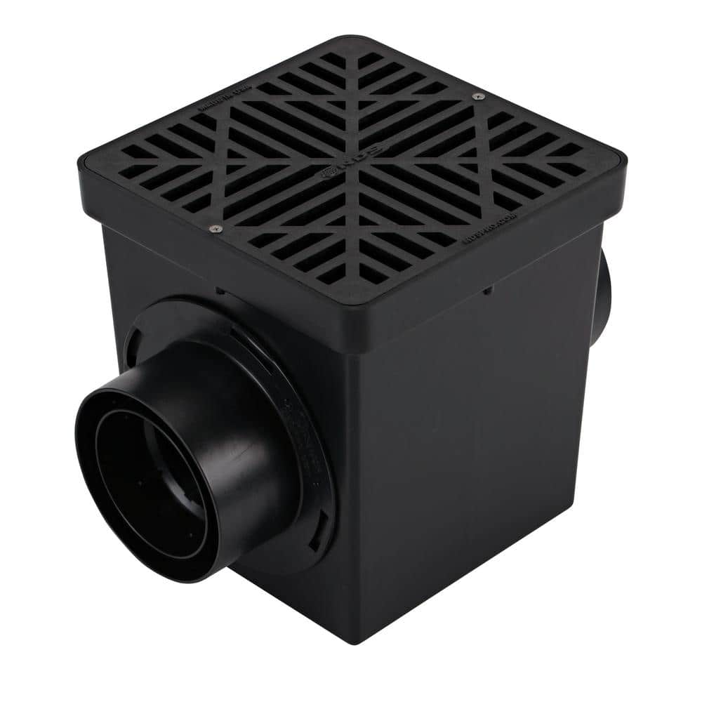 NDS 9 in. Square Catch Basin Drain Kit 2-Opening Basin, Black Plastic Grate, 2 Outlet Adapters and Outlet Plug