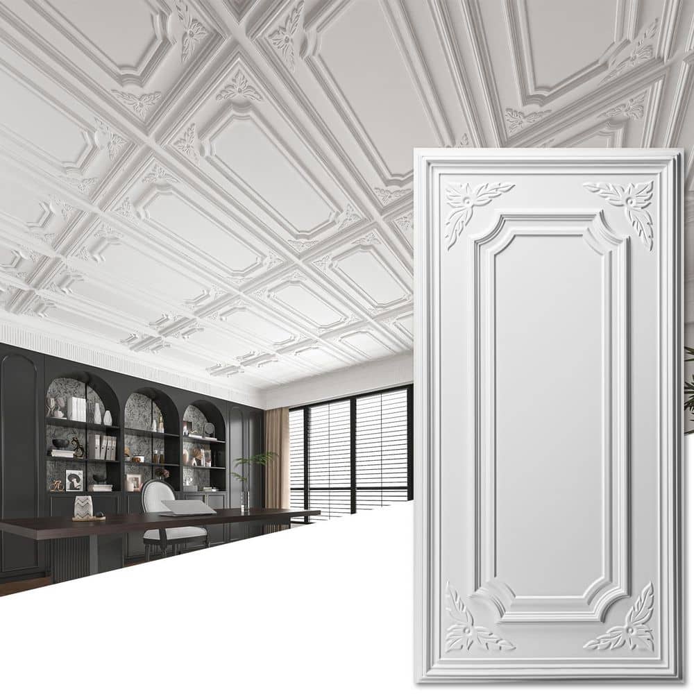 Art3dwallpanels White 2 ft. x 4 ft. Textured PVC Drop In Ceiling Tile, Decorative Glue Up Ceiling for Basement Kitchen (96sq. ft. /case) (1)