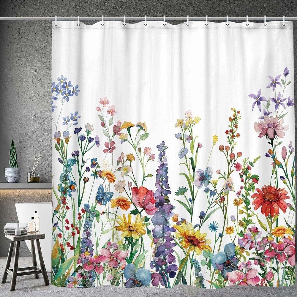 JFVKAF Farmhouse Rustic Boho Floral Shower Curtain 70x70 Botanical Watercolor Wildflower Aesthetic with Hooks White Polyester (2)