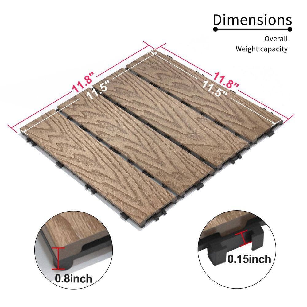 Unbranded 1 ft. x 1 ft. Teak Patio Floor Tiles Pack of 11 WPC Wood-Plastic Composite Patio DIY Interlocking Decking Tiles (2)