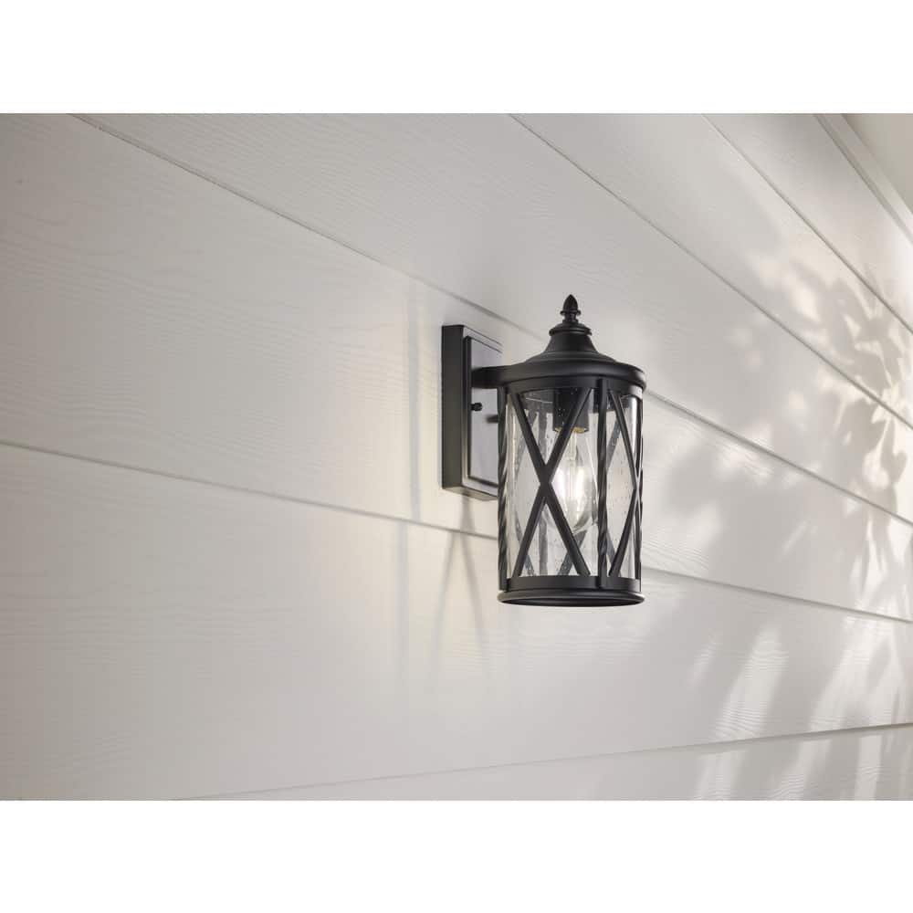 Hampton Bay Walcott Manor 13 in. Black Outdoor Hardwired Wall Lantern Sconce with Clear Seeded Glass and No Bulb Included (2)