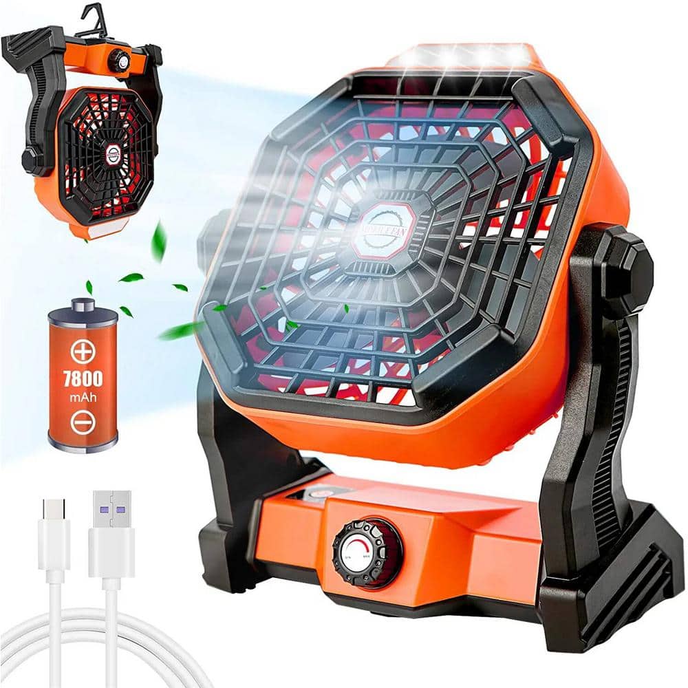 Adrinfly USB Movable Portable Rechargeable 7 in. 3 Fan Speeds Desk Fan in Orange, 7800mAh Battery Powered 3 Level LED Lights (1)