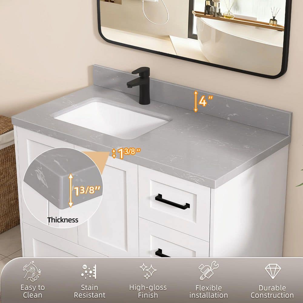 Zeafive 42 in. W x 22 in. D Cultured Marble White Rectangular Single Sink Vanity Top in Gray with 4 in. Backsplash (3)