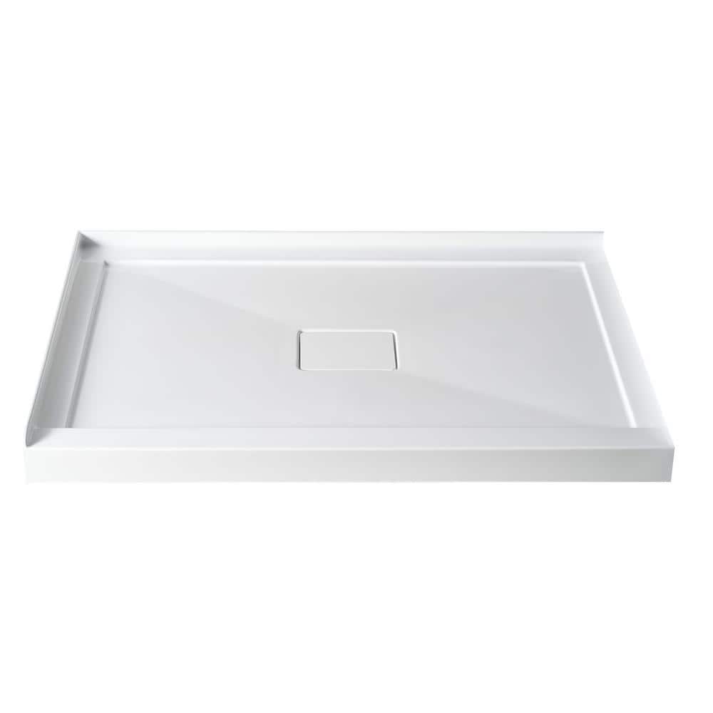 NTQ 48 in. x 32 in. Double Threshold Shower Pan Corner Shower Pan Base with Center Drain and Magnetic Cover in White (1)