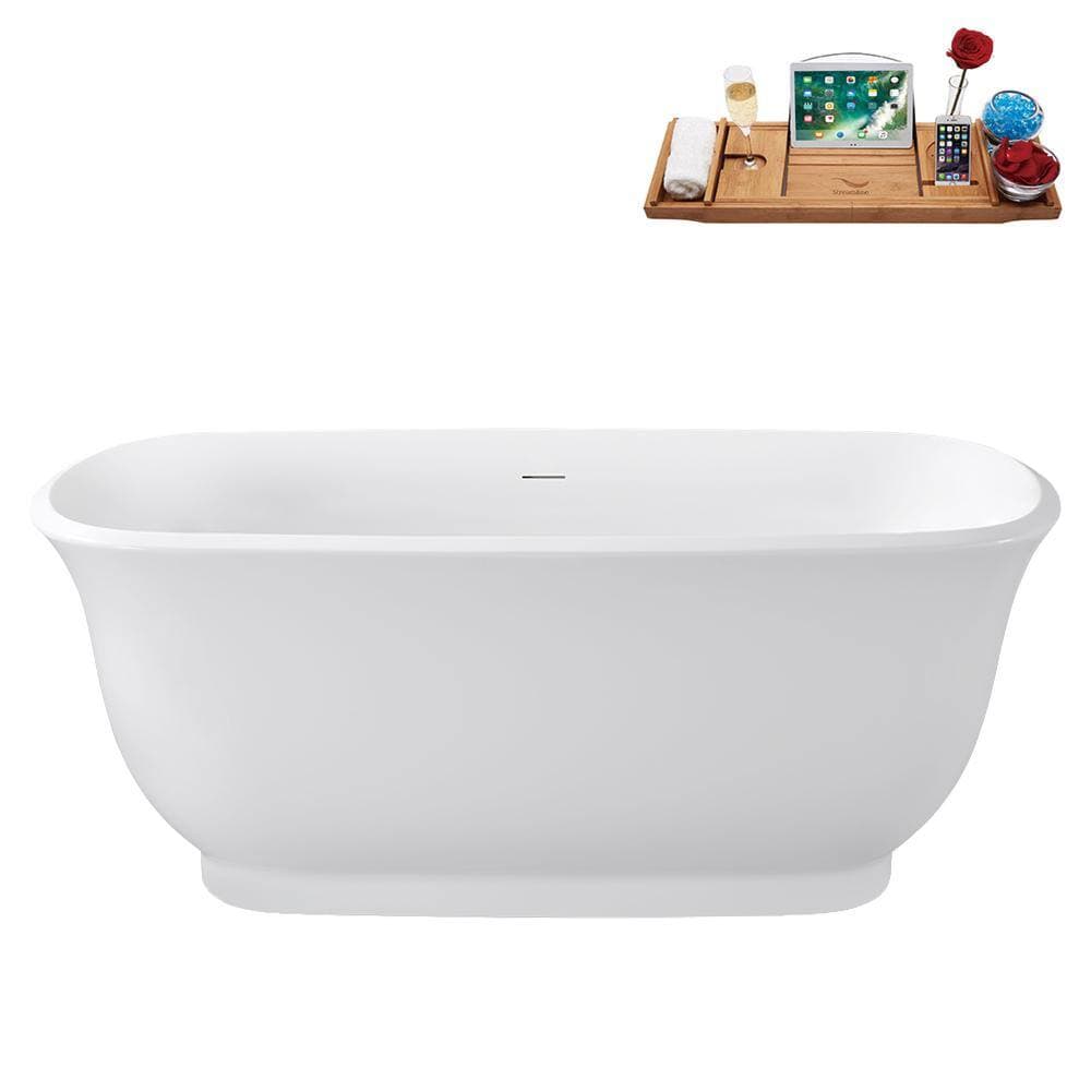 Streamline 59 in. x 28 in. Acrylic Freestanding Soaking Bathtub in Glossy White with Polished Chrome Drain, Bamboo Tray (2)