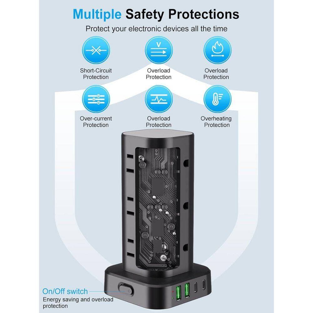 Lukyamzn 12-Outlet Wireless Charging Power Strip Tower Surge Protector with 10 ft. Flat Plug Cord and 4 USB Ports, Black (2)
