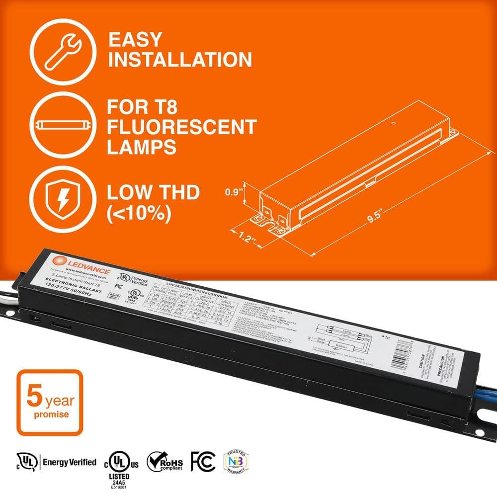 Sylvania 32-Watt 120-277 Multivolt 2-Lamp T8 High Efficiency Instant Start Electronic Replacement Ballast (4)